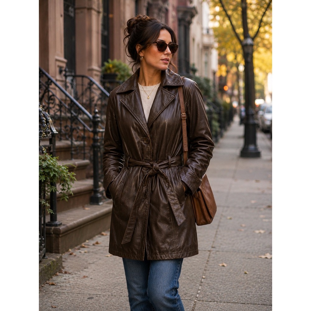 Vintage Wilsons Brown Leather Belted Trench Coat Thinsulate Women's Small